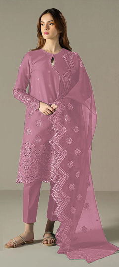 Pink and Majenta color Salwar Kameez in Cotton fabric with Embroidered, Thread work