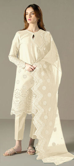 White and Off White color Salwar Kameez in Cotton fabric with Embroidered, Thread work