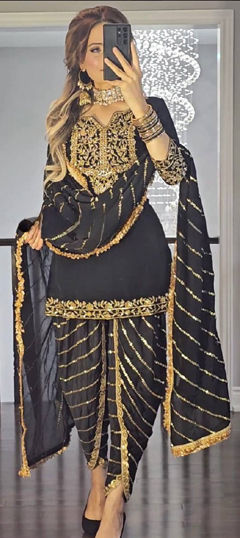 Black and Grey color Salwar Kameez in Chinon Silk fabric with Embroidered, Sequence, Thread, Zari work