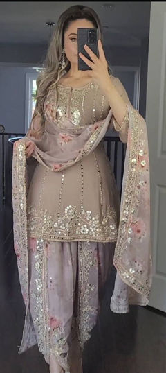 Beige and Brown color Salwar Kameez in Faux Georgette fabric with Embroidered, Sequence, Thread, Zari work