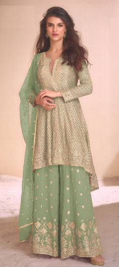 Green color Salwar Kameez in Georgette fabric with Embroidered, Sequence, Stone, Thread work