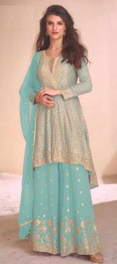 Blue color Salwar Kameez in Georgette fabric with Embroidered, Sequence, Stone, Thread work
