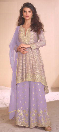 Purple and Violet color Salwar Kameez in Georgette fabric with Embroidered, Sequence, Stone, Thread work