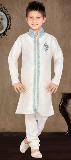 200863: White and Off White color Boys Sherwani in Art Dupion Silk fabric with Patch, Stone work