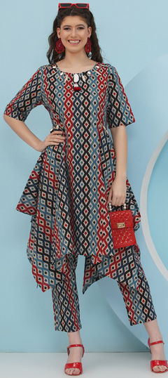 Blue, Red and Maroon color Co-ords Set in Cotton fabric with Printed work