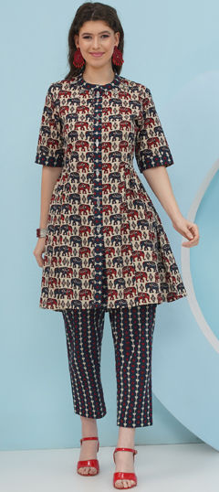 Beige and Brown color Co-ords Set in Cotton fabric with Printed work