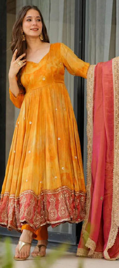 Yellow color Gown in Chinon Silk fabric with Embroidered, Sequence, Thread, Zari work