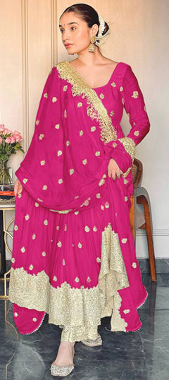 Pink and Majenta color Salwar Kameez in Chinon Silk fabric with Embroidered, Sequence, Thread, Zari work