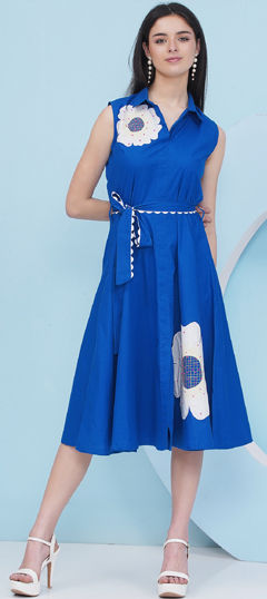 Blue color Dress in Polyester Silk fabric with Embroidered, Patch work