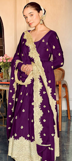 Purple and Violet color Salwar Kameez in Chinon Silk fabric with Embroidered, Sequence, Thread, Zari work