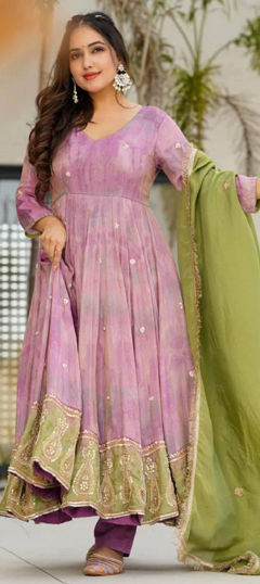 Pink and Majenta color Gown in Chinon Silk fabric with Embroidered, Sequence, Thread, Zari work