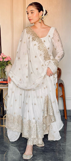 White and Off White color Salwar Kameez in Chinon Silk fabric with Embroidered, Sequence, Thread, Zari work