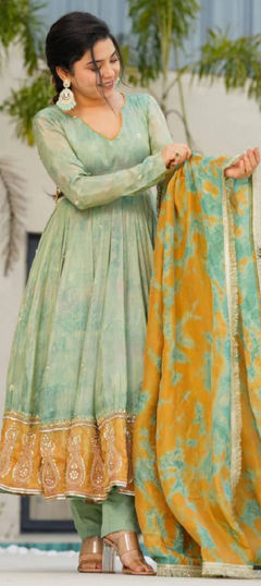Green color Gown in Chinon Silk fabric with Embroidered, Sequence, Thread, Zari work