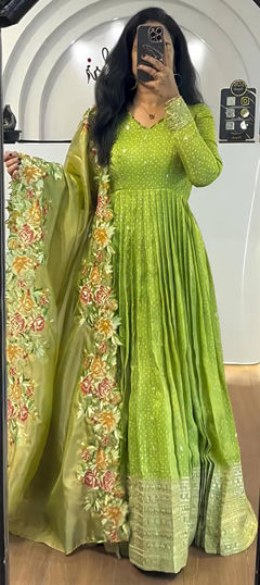 Green color Salwar Kameez in Chinon Silk fabric with Printed, Thread, Zari work