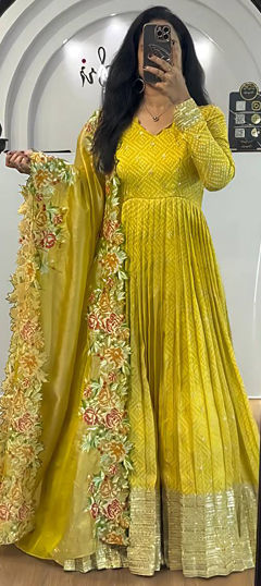 Yellow color Salwar Kameez in Chinon Silk fabric with Printed, Thread, Zari work