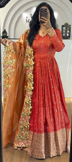 Red and Maroon color Salwar Kameez in Chinon Silk fabric with Printed, Thread, Zari work