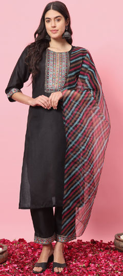 Black and Grey color Salwar Kameez in Blended Cotton fabric with Embroidered, Mirror, Resham, Sequence, Thread work