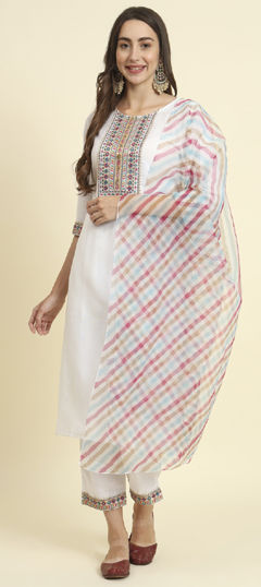 White and Off White color Salwar Kameez in Blended Cotton fabric with Embroidered, Mirror, Resham, Sequence, Thread work