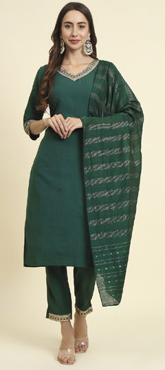 Green color Salwar Kameez in Blended, Silk fabric with Embroidered, Sequence, Thread, Zari work
