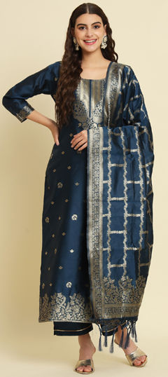 Blue color Salwar Kameez in Silk cotton fabric with Weaving work