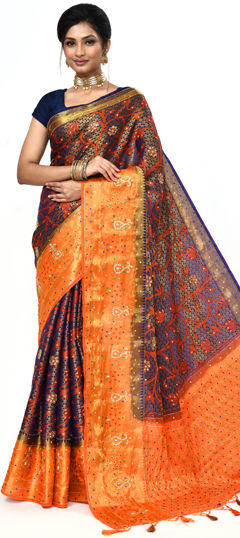 Blue color Saree in Kanjeevaram Silk fabric with Cut Dana, Stone, Weaving work