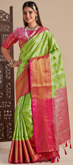 Green color Saree in Kanjeevaram Silk fabric with Weaving, Zari work