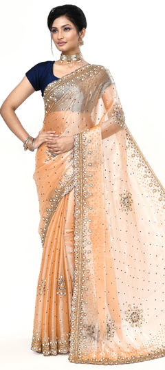 Beige and Brown color Saree in Chinon Silk fabric with Bugle Beads, Cut Dana, Stone work