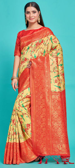 Yellow color Saree in Kanjeevaram Silk fabric with Weaving, Zari work