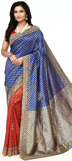 Blue, Red and Maroon color Saree in Kanjeevaram Silk fabric with Cut Dana, Mirror, Weaving work