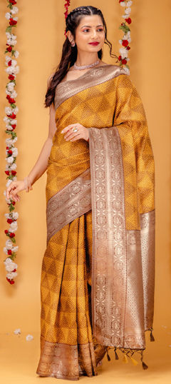 Yellow color Saree in Kanjeevaram Silk fabric with Weaving, Zari work