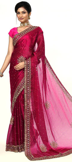 Pink and Majenta color Saree in Chinon Silk fabric with Cut Dana, Mirror, Stone work