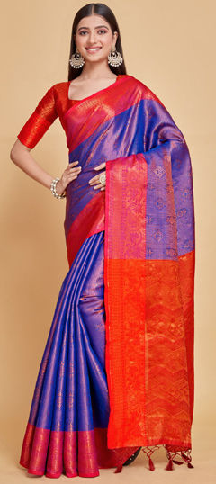 Blue color Saree in Kanjeevaram Silk fabric with Weaving, Zari work