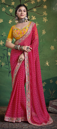 Pink and Majenta color Saree in Silk fabric with Embroidered, Floral, Printed, Resham, Sequence, Thread, Zari work