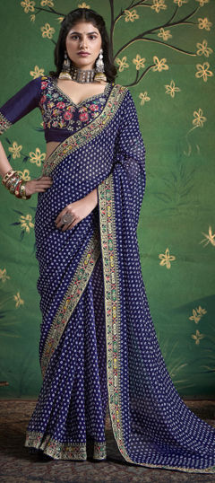 Blue color Saree in Silk fabric with Embroidered, Floral, Printed, Resham, Sequence, Thread, Zari work