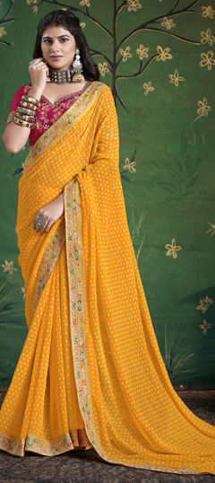 Yellow color Saree in Silk fabric with Embroidered, Floral, Printed, Resham, Sequence, Thread, Zari work