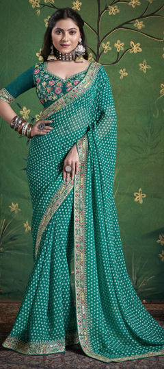 Blue color Saree in Silk fabric with Embroidered, Floral, Printed, Resham, Sequence, Thread, Zari work
