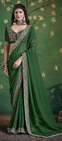Green color Saree in Silk fabric with Embroidered, Floral, Printed, Resham, Sequence, Thread, Zari work