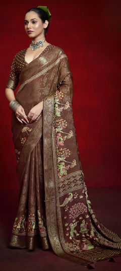 Beige and Brown color Saree in Silk fabric with Weaving, Zari work
