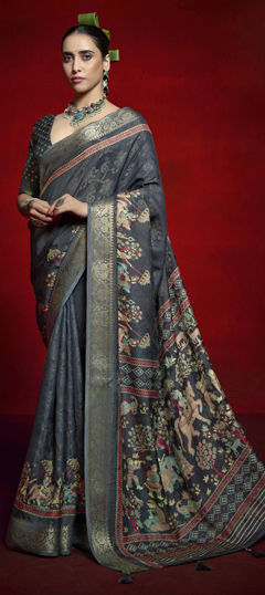 Black and Grey color Saree in Silk fabric with Weaving, Zari work