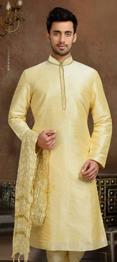 Beige and Brown color Kurta in Dupion Silk fabric with Embroidered, Thread work