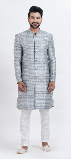 Black and Grey color IndoWestern Dress in Jacquard fabric with Weaving work
