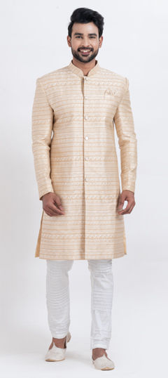 Gold color IndoWestern Dress in Jacquard fabric with Weaving work