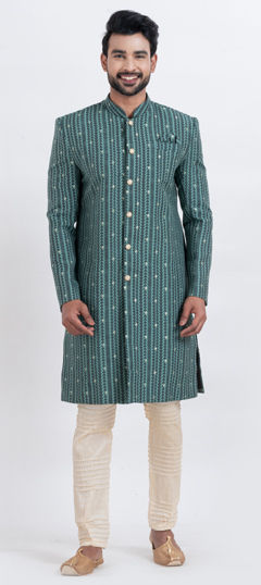 Green color IndoWestern Dress in Silk cotton fabric with Sequence, Weaving work