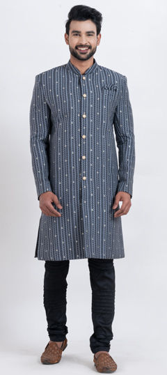 Black and Grey color IndoWestern Dress in Silk cotton fabric with Sequence, Weaving work