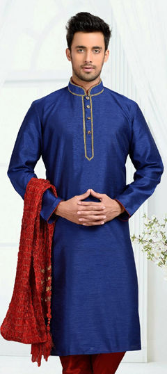 Blue color Kurta in Dupion Silk fabric with Embroidered, Thread work