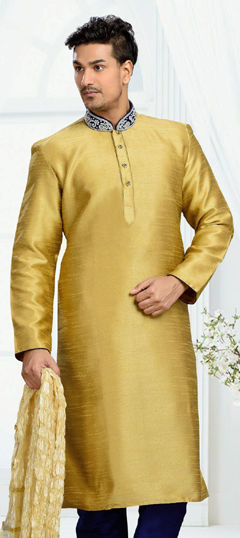 Gold color Kurta in Dupion Silk fabric with Embroidered, Thread work