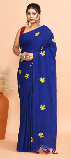 Blue color Saree in Cotton fabric with Printed work