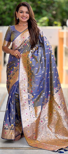Black and Grey color Saree in Banarasi Silk fabric with Weaving, Zari work