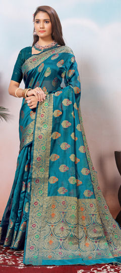 Blue color Saree in Organza Silk fabric with Weaving, Zari work