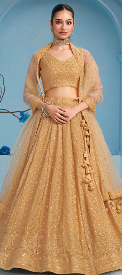 Beige and Brown color Lehenga in Georgette fabric with Embroidered, Resham, Sequence, Thread work